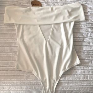 NWT boutique white bodysuit off the shoulder